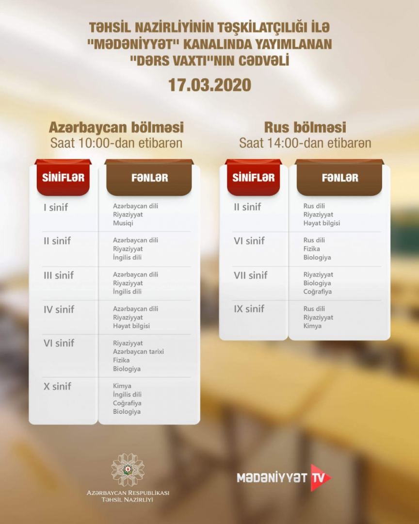 Teledərslərin sabaha olan cədvəli açıqlanıb - Gallery Image