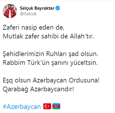 Səlcuk Bayraktar Azərbaycanı belə təbrik etdi- FOTO