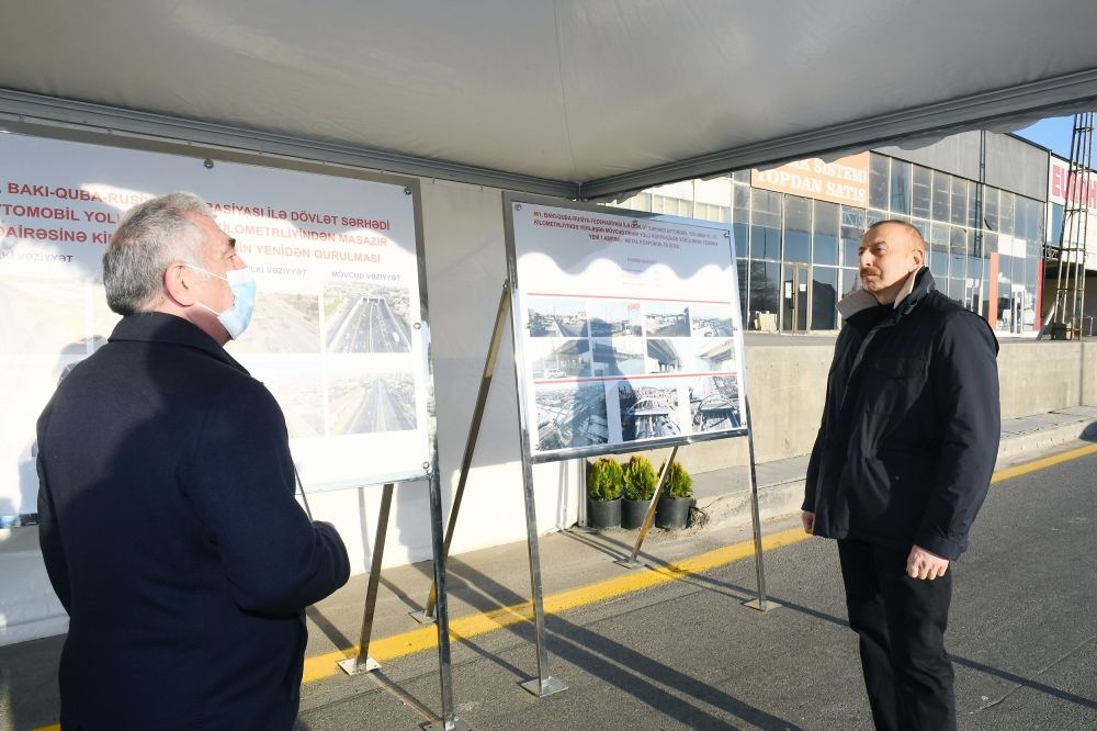 Prezident İlham Əliyev Bakı-Quba-Rusiya Federasiyası ilə dövlət sərhədi avtomobil yolunun yenidən qurulmuş hissəsində görülən işlərlə tanış olub (FOTO) - Gallery Image