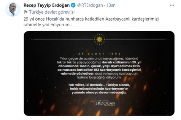 Ərdoğandan Xocalı soyqırımı ilə bağlıPAYLAŞIM